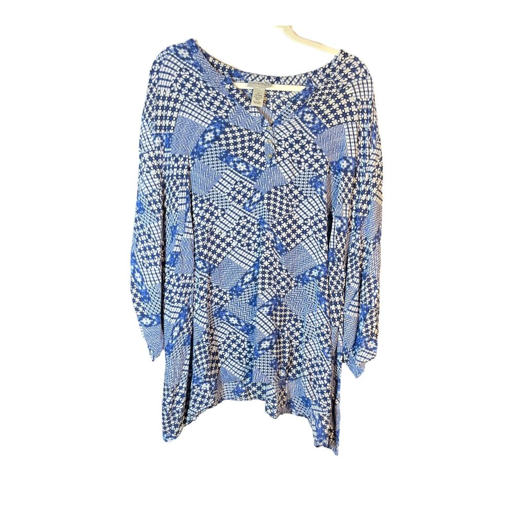 Catherines Womens 4X Blue White Geometric Boho Patchwork Top Boho Rayon Long Slv